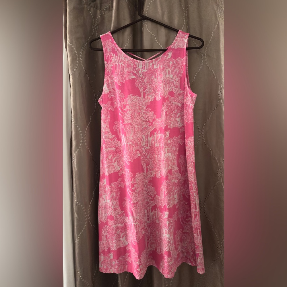 Pink Lilly Pulitzer Sleeveless Shift Dress with White Scenic Print size M - Picture 3 of 5